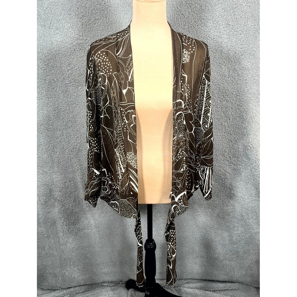 Chico's Kimono Cardigan Womens 3 Brown Silk Allover Print Wrap Tie Boho Resort